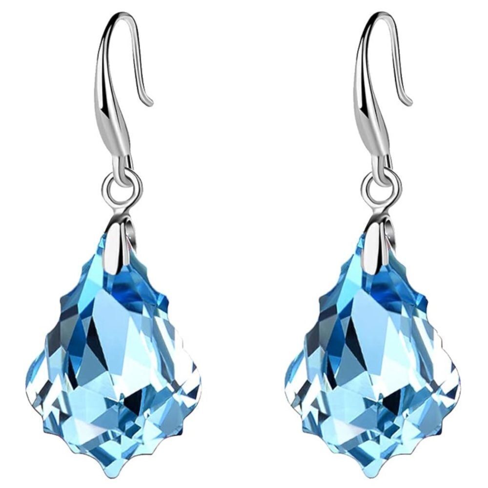 Silver with Aquamarine Blue Austrian Crystal Baroque Dangling Drop Hook Earrings
